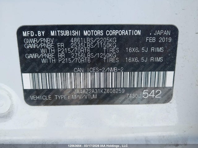 Aukcja sprzedaży 2019 Mitsubishi Outlander, vin: JA4AZ2A31KZ608259, numer aukcji: 12563654