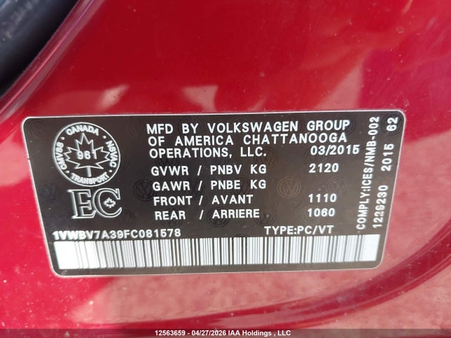 2015 Volkswagen Passat Se მანქანა იყიდება აუქციონზე, vin: 1VWBV7A39FC081578, აუქციონის ნომერი: 12563659