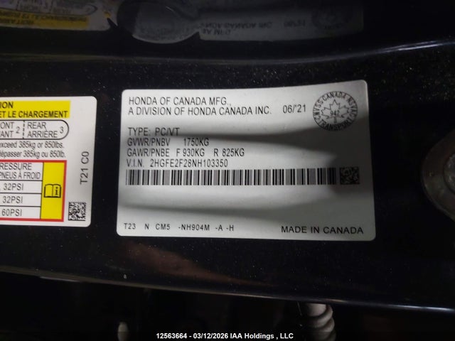 2HGFE2F28NH103350 Honda Civic Lx