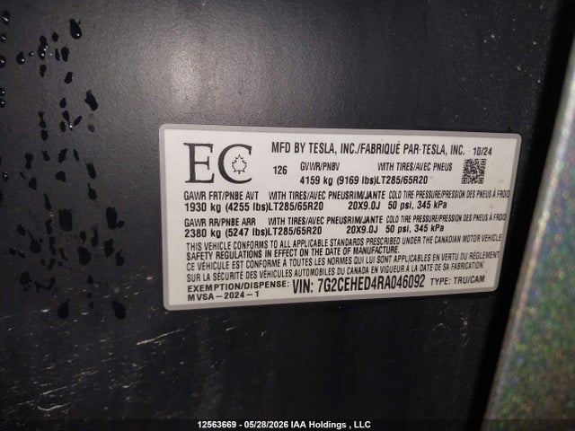 Продаж на аукціоні авто 2024 Tesla Cybertruck Awd, vin: 7G2CEHED4RA046092, номер лоту: 12563669