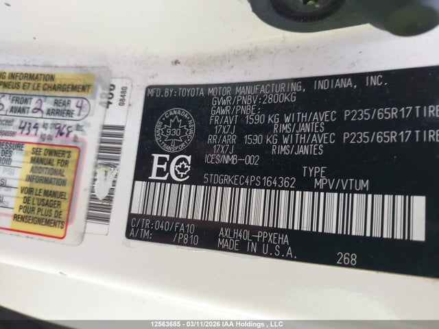 5TDGRKEC4PS164362 Toyota Sienna Le/xle/platinum/xse/limited/xse 25th Anniversary