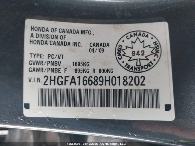 Продаж на аукціоні авто 2009 Honda Civic Lx-s, vin: 2HGFA16689H018202, номер лоту: 12563699