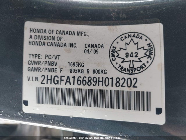 Продаж на аукціоні авто 2009 Honda Civic Lx-s, vin: 2HGFA16689H018202, номер лоту: 12563699