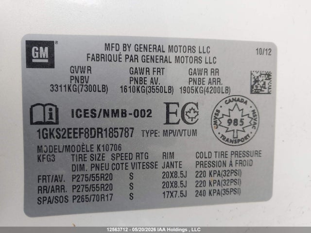 Aukcja sprzedaży 2013 Gmc Yukon Denali Denali, vin: 1GKS2EEF8DR185787, numer aukcji: 12563712