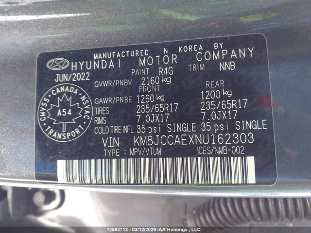 Продаж на аукціоні авто 2022 Hyundai Tucson Preferred Awd With Trend Package, vin: KM8JCCAEXNU162303, номер лоту: 12563713