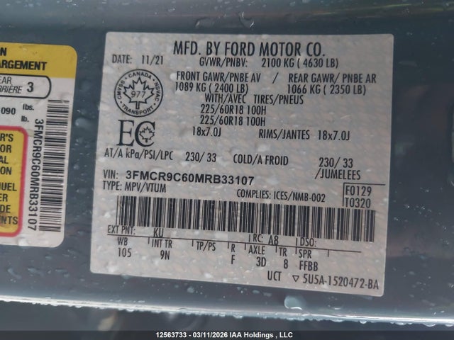 Продаж на аукціоні авто 2021 Ford Bronco Sport Outer Banks, vin: 3FMCR9C60MRB33107, номер лоту: 12563733