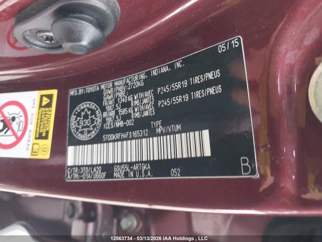 Aukcja sprzedaży 2015 Toyota Highlander Limited, vin: 5TDDKRFH4FS165312, numer aukcji: 12563734