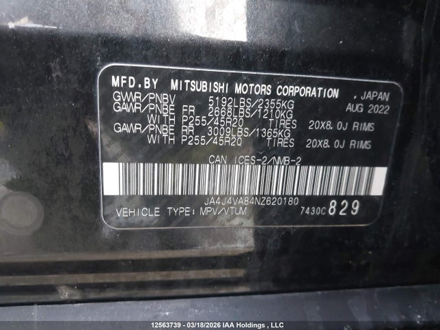 JA4J4VA84NZ620180 Mitsubishi Outlander Gt/gt Premium