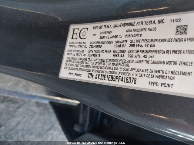 Aukcja sprzedaży 2023 Tesla Model 3, vin: 5YJ3E1EB9PF416378, numer aukcji: 12563740