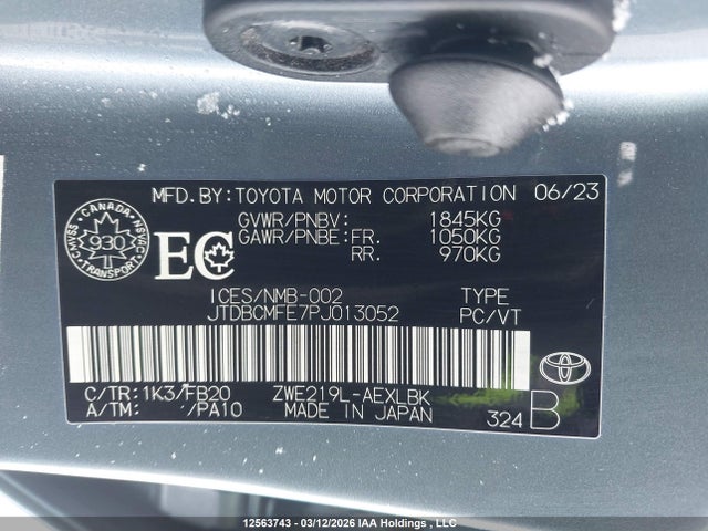12563743 :رقم المزاد ، JTDBCMFE7PJ013052 vin ، 2023 Toyota Corolla Hybrid مزاد بيع