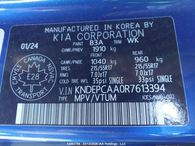 Auction sale of the 2024 Kia Seltos Lx, vin: KNDEPCAA0R7613394, lot number: 12563756
