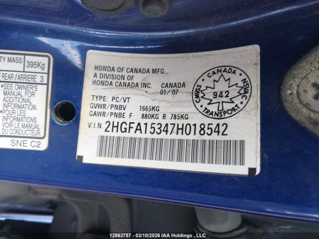 2007 Honda Civic Dx მანქანა იყიდება აუქციონზე, vin: 2HGFA15347H018542, აუქციონის ნომერი: 12563757