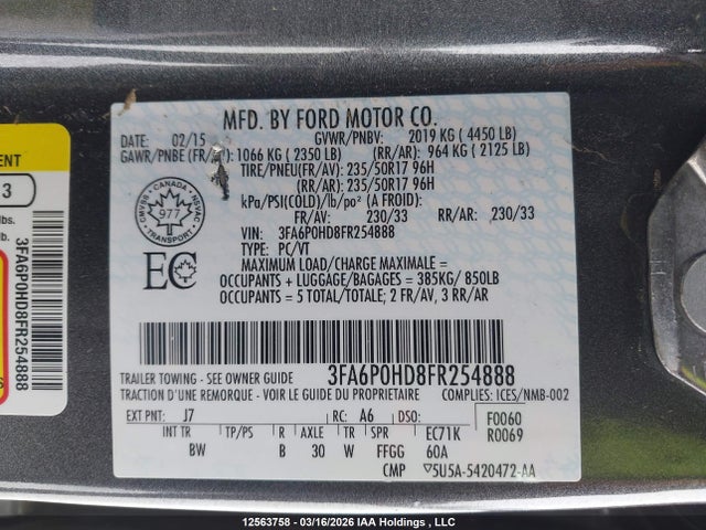 12563758 :رقم المزاد ، 3FA6P0HD8FR254888 vin ، 2015 Ford Fusion Se مزاد بيع