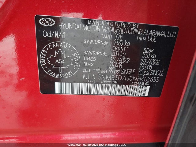Продаж на аукціоні авто 2022 Hyundai Santa Fe Preferred Awd With Trend Package, vin: 5NMS3DAJ0NH402655, номер лоту: 12563760