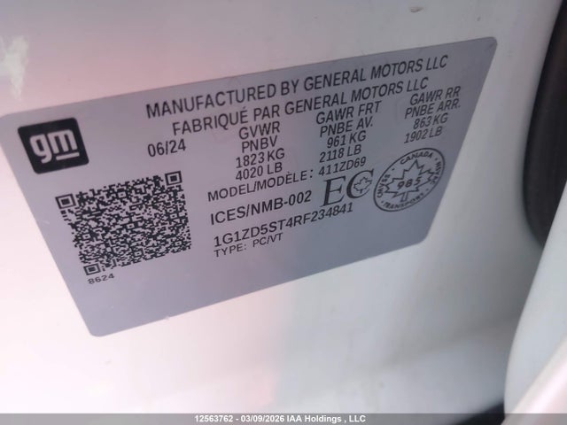 12563762 :رقم المزاد ، 1G1ZD5ST4RF234841 vin ، 2024 Chevrolet Malibu 1lt مزاد بيع