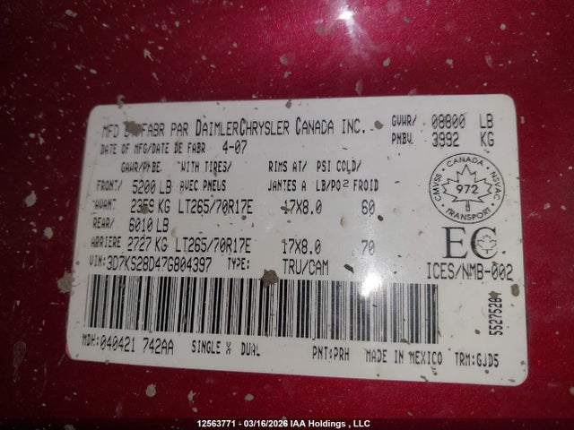 Aukcja sprzedaży 2007 Dodge Ram 2500 St/slt, vin: 3D7KS28D47G804397, numer aukcji: 12563771