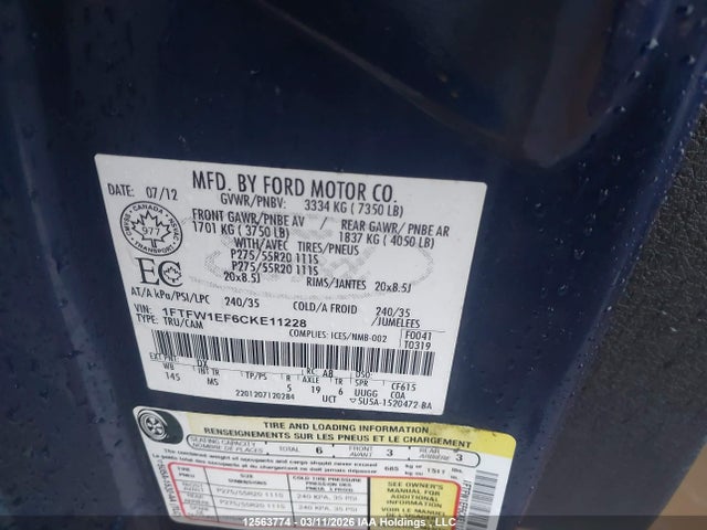 12563774 :رقم المزاد ، 1FTFW1EF6CKE11228 vin ، 2012 Ford F-150 مزاد بيع