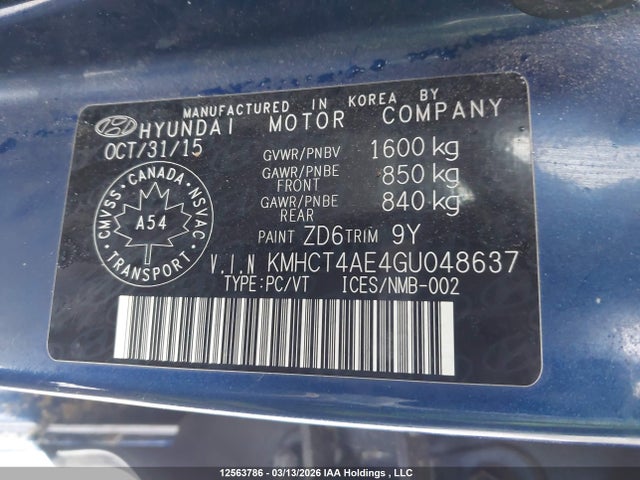 Продажа на аукционе авто 2016 Hyundai Accent Se, vin: KMHCT4AE4GU048637, номер лота: 12563786
