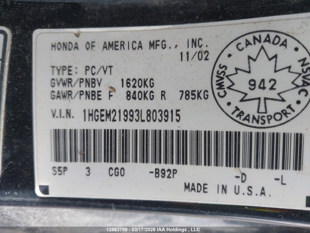 Продажа на аукционе авто 2003 Honda Civic Ex, vin: 1HGEM21993L803915, номер лота: 12563789
