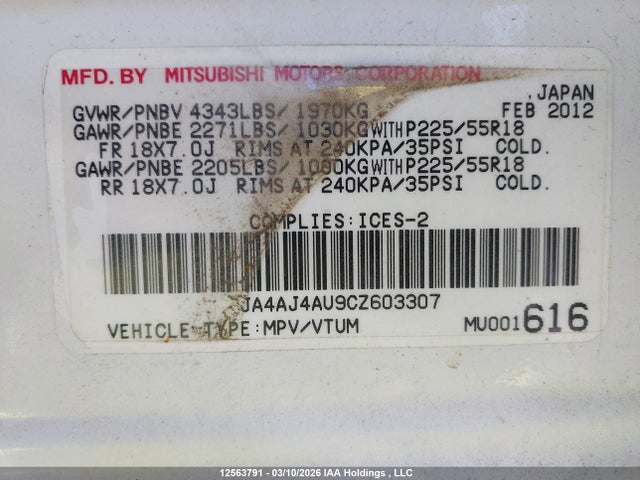 12563791 :رقم المزاد ، JA4AJ4AU9CZ603307 vin ، 2012 Mitsubishi Rvr مزاد بيع