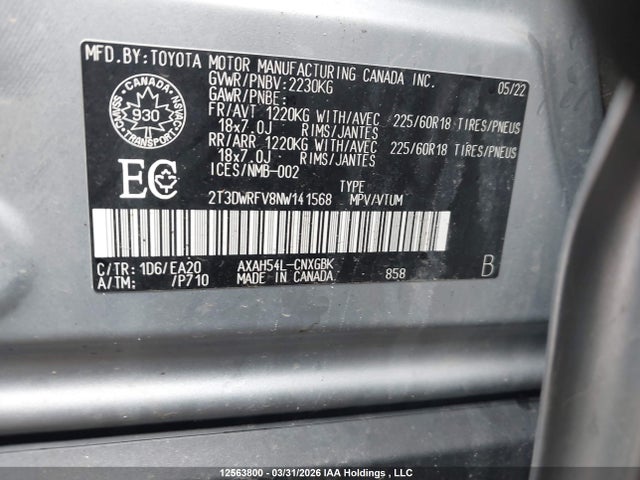 2022 Toyota Rav4 Hybrid მანქანა იყიდება აუქციონზე, vin: 2T3DWRFV8NW141568, აუქციონის ნომერი: 12563800