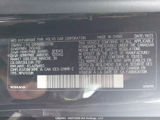 Aukcja sprzedaży 2024 Volvo Xc60 Ultimate, vin: LYVL12RMXRB833798, numer aukcji: 12563803