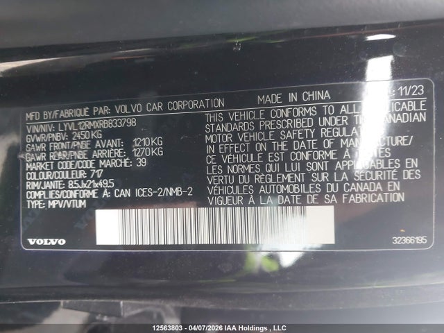 Aukcja sprzedaży 2024 Volvo Xc60 Ultimate, vin: LYVL12RMXRB833798, numer aukcji: 12563803