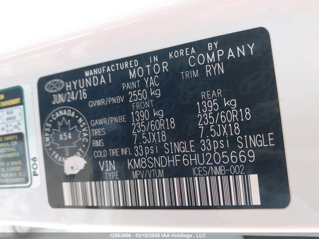 KM8SNDHF6HU205669 Hyundai Santa Fe Se/limited