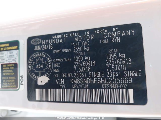 KM8SNDHF6HU205669 Hyundai Santa Fe Se/limited