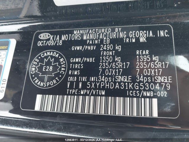 5XYPHDA31KG530479 KIA Sorento 2.4l Ex