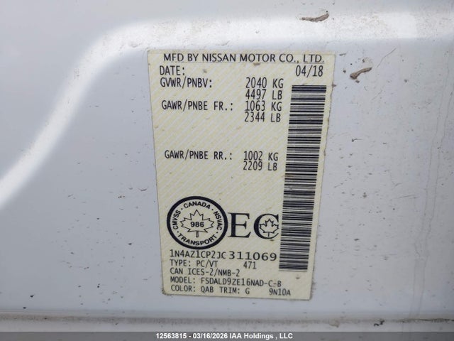 Aukcja sprzedaży 2018 Nissan Leaf S/sl/sv, vin: 1N4AZ1CP2JC311069, numer aukcji: 12563815