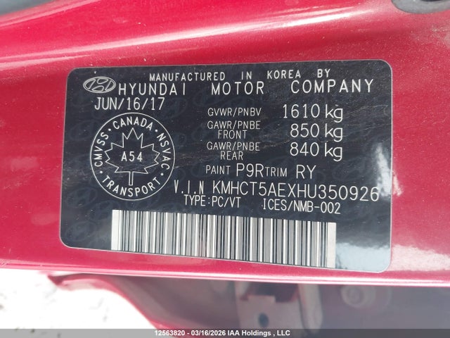 KMHCT5AEXHU350926 Hyundai ACCENT SE