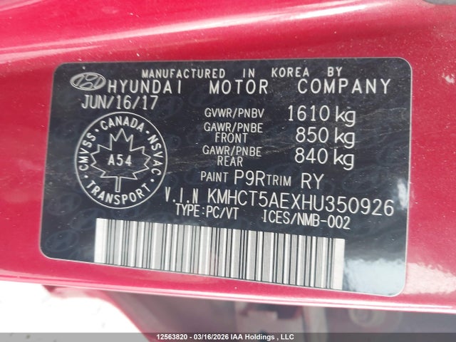 KMHCT5AEXHU350926 Hyundai ACCENT SE