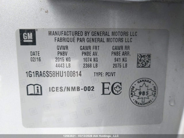 1G1RA6S58HU100814 Chevrolet VOLT LT