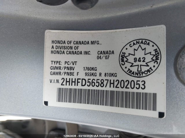 Продажа на аукционе авто 2007 Acura Csx, vin: 2HHFD56587H202053, номер лота: 12563839