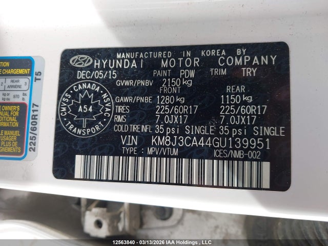 Aukcja sprzedaży 2016 Hyundai Tucson Premium, vin: KM8J3CA44GU139951, numer aukcji: 12563840