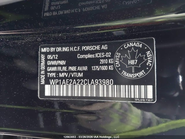 2012 Porsche Cayenne S Hybrid მანქანა იყიდება აუქციონზე, vin: WP1AE2A22CLA93980, აუქციონის ნომერი: 12563853