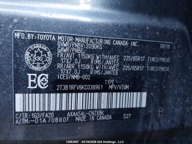 12563857 :رقم المزاد ، 2T3B1RFV6KC038961 vin ، 2019 Toyota Rav4 Le مزاد بيع
