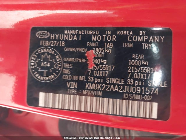 Продажа на аукционе авто 2018 Hyundai Kona 2.0l Preferred, vin: KM8K22AA2JU091574, номер лота: 12563858