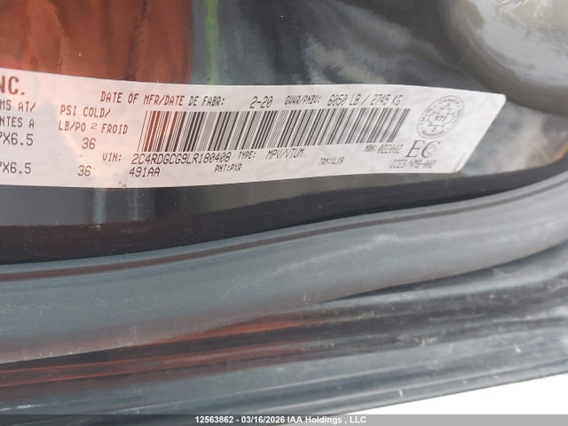 12563862 :رقم المزاد ، 2C4RDGCG9LR180408 vin ، 2020 Dodge Grand Caravan Premium Plus مزاد بيع