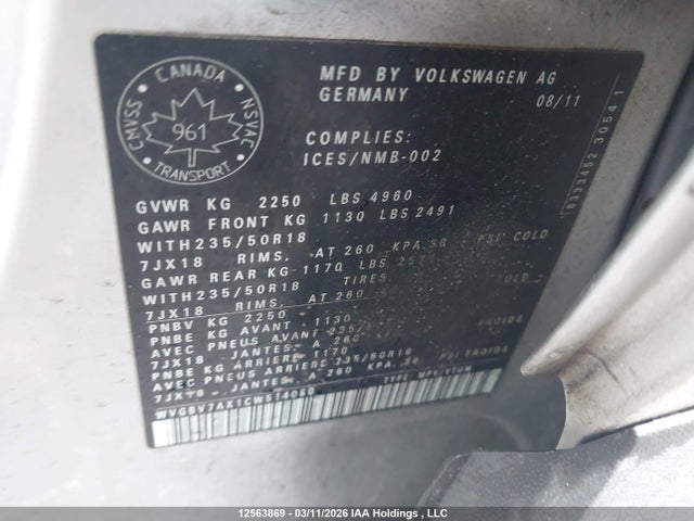 12563869 :رقم المزاد ، WVGBV7AX1CW514080 vin ، 2012 Volkswagen Tiguan 2.0 Tsi Comfortline/2.0 Tsi Highline/2.0 Tsi Trendline مزاد بيع
