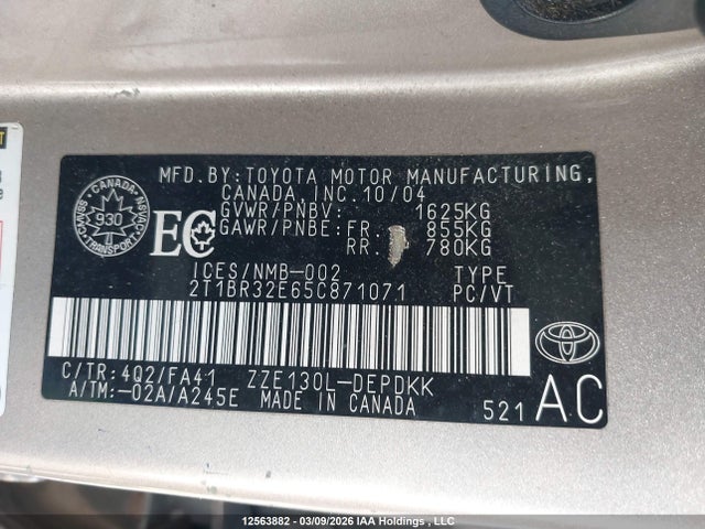Aukcja sprzedaży 2005 Toyota Corolla Ce/le/s, vin: 2T1BR32E65C871071, numer aukcji: 12563882