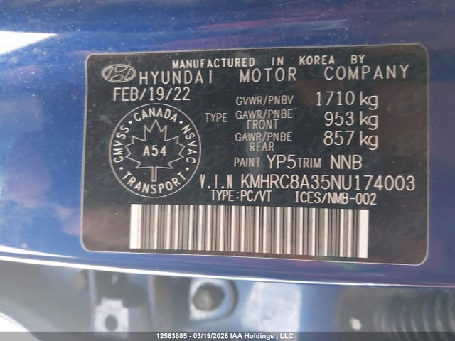 Продажа на аукционе авто 2022 Hyundai Venue Trend, vin: KMHRC8A35NU174003, номер лота: 12563885
