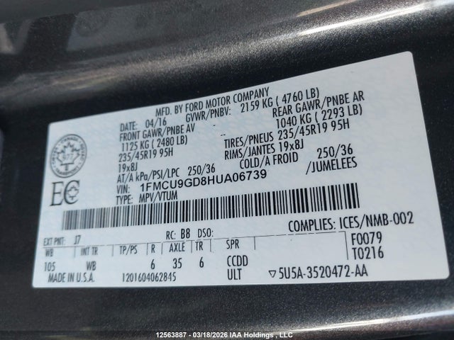 1FMCU9GD8HUA06739 Ford ESCAPE SE