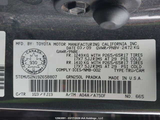 12563891 :رقم المزاد ، 5TEMU52N19Z658807 vin ، 2009 Toyota Tacoma V6 مزاد بيع