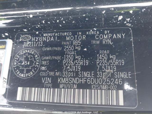 Aukcja sprzedaży 2013 Hyundai Santa Fe Xl Limited, vin: KM8SNDHF6DU025246, numer aukcji: 12563893