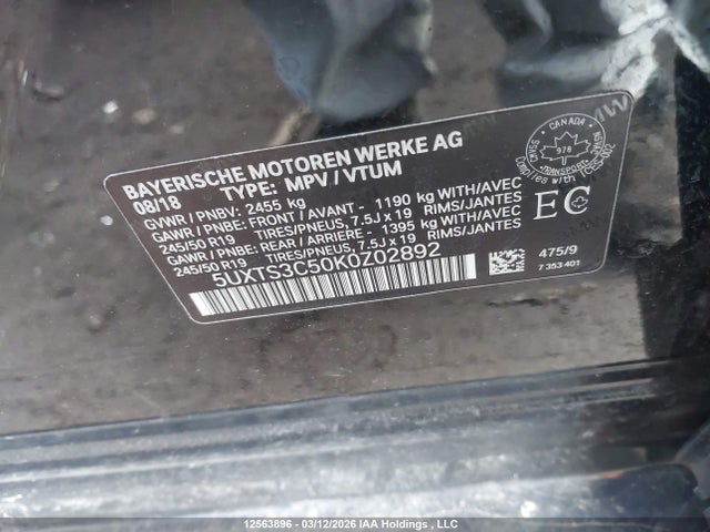 Aukcja sprzedaży 2019 Bmw X3 M40i, vin: 5UXTS3C50K0Z02892, numer aukcji: 12563896