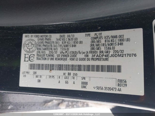 2013 Ford Fiesta Se მანქანა იყიდება აუქციონზე, vin: 3FADP4EJ0DM217076, აუქციონის ნომერი: 12563897