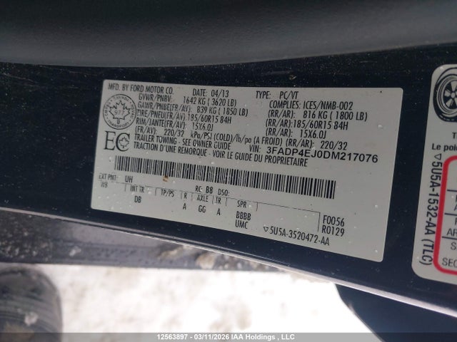 2013 Ford Fiesta Se მანქანა იყიდება აუქციონზე, vin: 3FADP4EJ0DM217076, აუქციონის ნომერი: 12563897