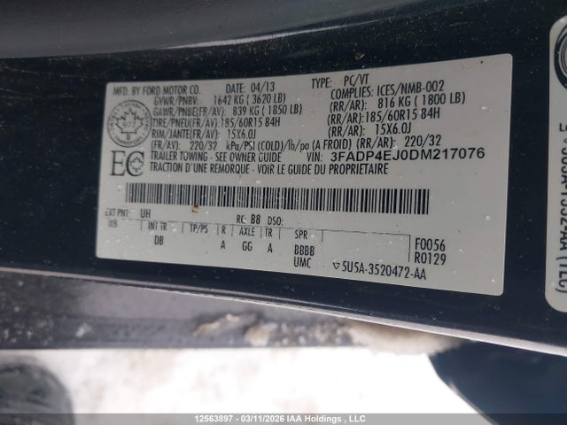 2013 Ford Fiesta Se მანქანა იყიდება აუქციონზე, vin: 3FADP4EJ0DM217076, აუქციონის ნომერი: 12563897